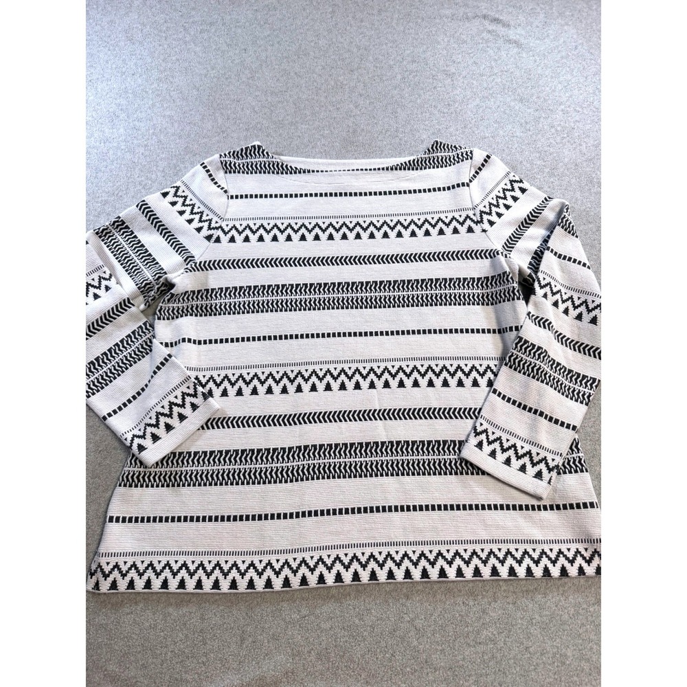 J Jill Womens Large Black White Textured Knit Sweater Geometric Stripe Pullover